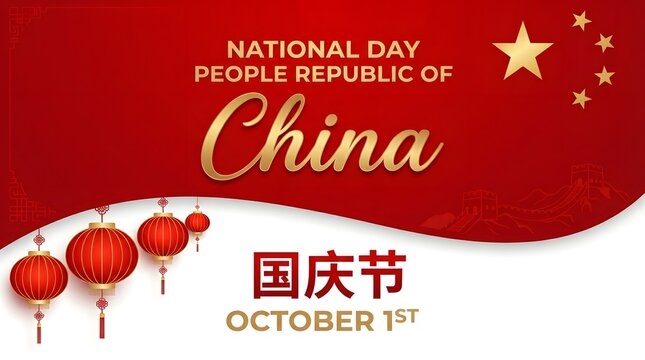 A festive horizontal banner design celebrating the national day china featuring traditional red lanterns and golden stars on a vibrant red and white background template