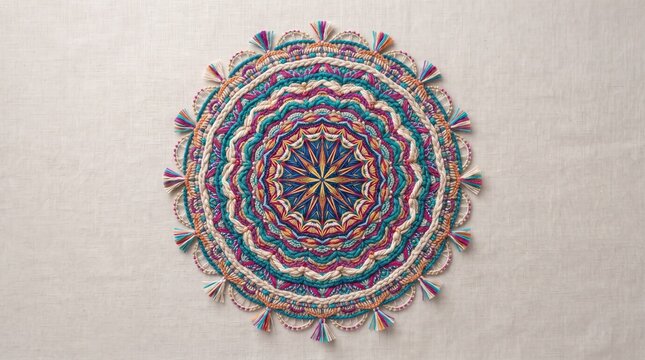 Handmade colorful crochet mandala textile art on a neutral linen fabric background.
