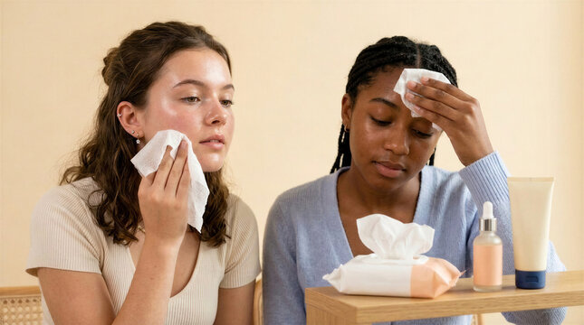 Two young women using facial wipes for skincare routine at home  