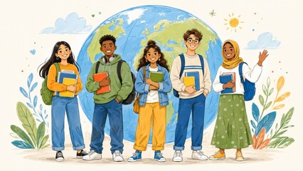 Obraz premium Diverse Students Standing in Front of Globe, Global Education Illustration
