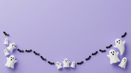 Fototapeta premium Halloween decoration with white ghosts and black bats on a lilac background