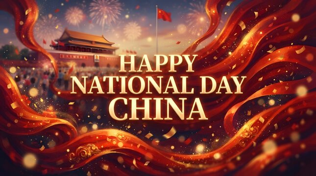 A festive illustration celebrating national day china featuring the iconic forbidden city architecture surrounded by flowing red ribbons and golden bokeh lights for holiday greeting
