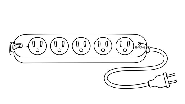 Power strip with six outlets white background.
