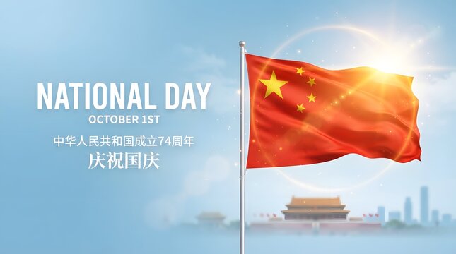 A beautiful illustration celebrating the national day china featuring the waving red flag of the country against a bright blue sky and city silhouette background