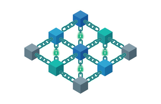 Isometric blockchain network graphic featuring connected cubes and digital data chains