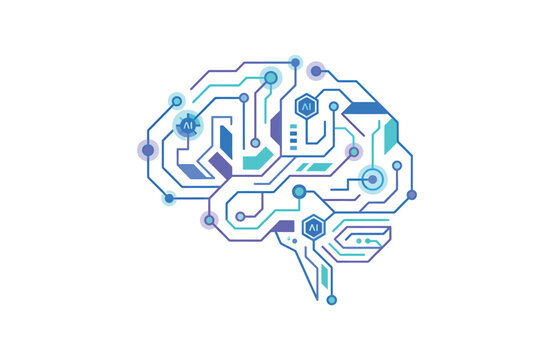 Artificial intelligence brain concept illustrated with digital circuit board lines