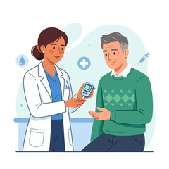 Obraz premium Doctor shows patient a glucose meter, symbolizing diabetes care and health check-up