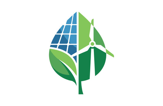 Eco friendly leaf concept with solar panel and wind turbine icon illustration
