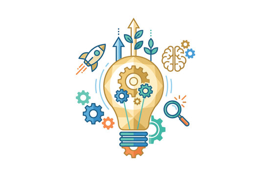 Creative business idea concept with glowing light bulb and gears illustration