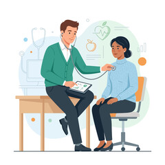 Fototapeta premium Doctor examining patient with stethoscope, focusing on health and wellness icons and data visualization