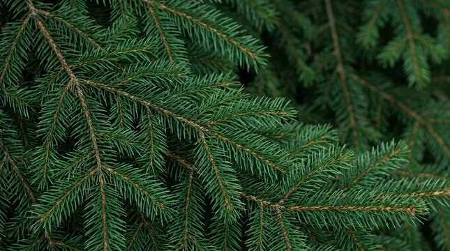 A close-up of fir tree branches creating a natural Christmas background pattern with evergreen foliage for holiday decorations and seasonal designs. close up fir tree branches background close-up