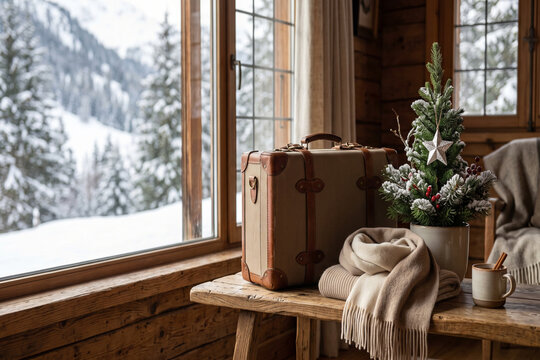 Cozy winter vacation in a wooden chalet with snow covered mountains view, vintage suitcase and Christmas tree
