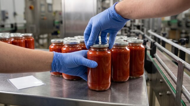 Gloved hands verify secure lids on filled pasta sauce jars