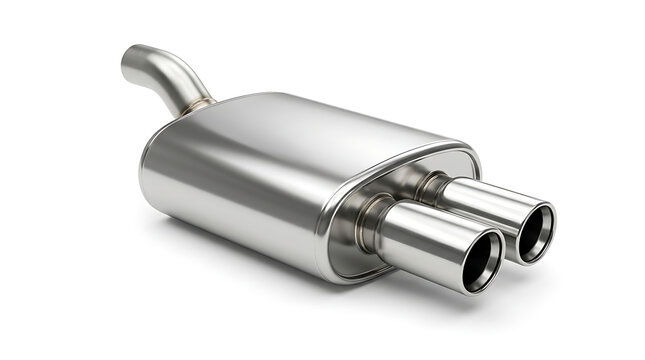 Chrome steel dual exhaust pipe car muffler silencer isolated on white background
