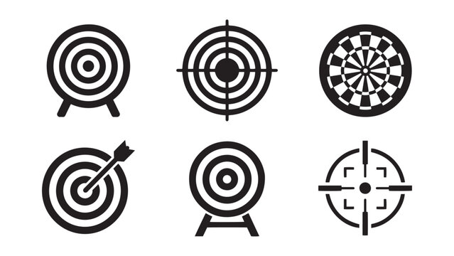 Monochromatic target icons set featuring bullseye archery targets a dartboard an arrow hitting the center and crosshairs symbolizing precision accuracy and success vector illustrat