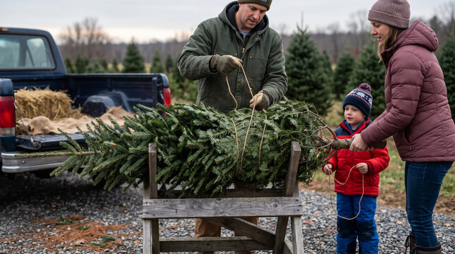 Family ties and loads a fresh evergreen for the trip home
