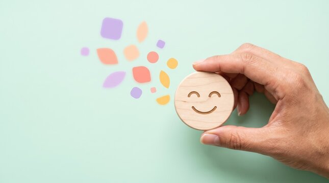 happy hand holding wooden smiley face with colorful confetti