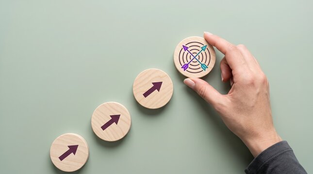 Hand placing target arrow on wooden step by step path