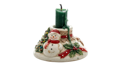 Fototapeta premium Christmas candle holder with snowman and holly decoration