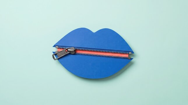 Blue lips with zipper mouth on pastel background