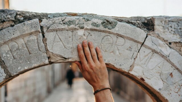 Hand touching the weathered stone archway with carved letters in a historic outdoor passage with textured surface ancient