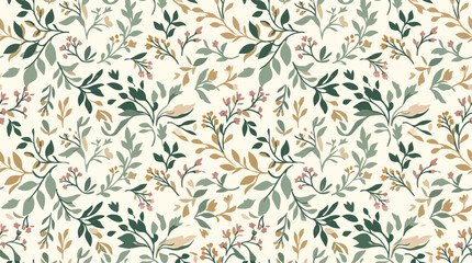 Fototapeta premium Delicate Wildflower Seamless Pattern Vector Background with Botanical Leaves and Small Berries