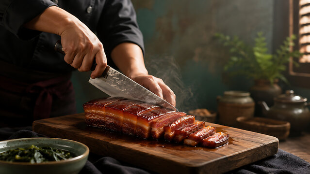 Chef Slicing Steaming Braised Dongpo Pork Belly on Wooden Board
