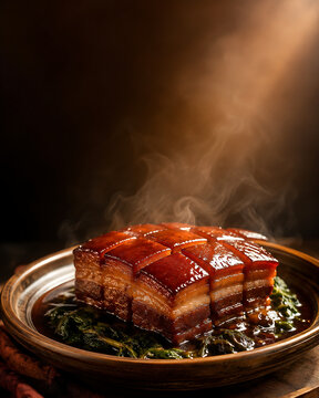 Steaming Braised Dongpo Pork Belly Block with Warm Light Accent