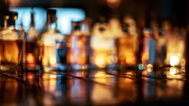 Blurred amber liquor bottles with glowing reflections on a dark bar counter, creating a warm, moody autumn hospitality background for nightlife and beverage designs.