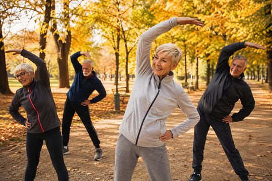 Active Seniors Exercising Together in an Autumn Park