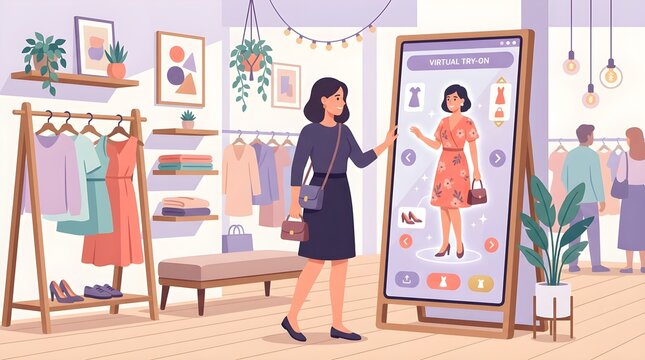 Woman Using Virtual Try On Smart Interactive Digital Mirror in Fashion Boutique Clothing Store Vector Illustration