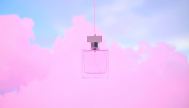 a minimalist perfume bottle suspended amidst ethereal pink and blue clouds, evoking a sense of dreamy luxury and fragrance. concept