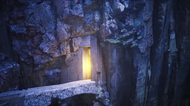 Glowing doorway on narrow cliffside bridge, purple rock face, warm interior light spilling into cold night, mossy stone texture, foggy atmosphere, solitary