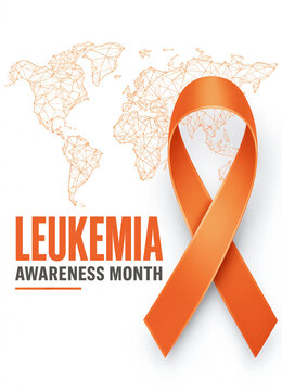 Orange awareness ribbon symbolizing leukemia awareness month with a digital wireframe style world map background isolated on a white background