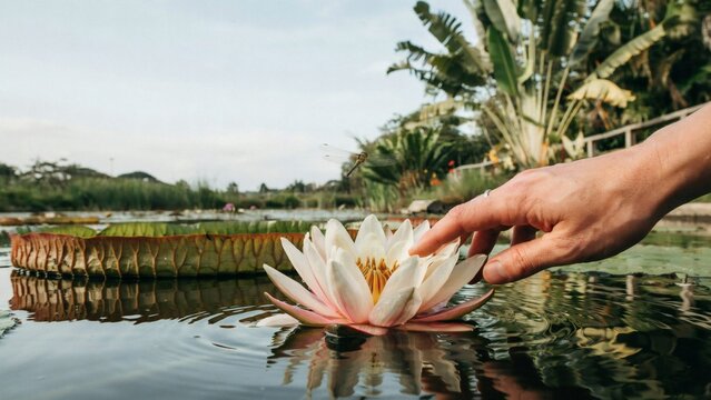 A person reaches out to touch a blooming water lily in a pond with a dragonfly with dragonfly flies nearby