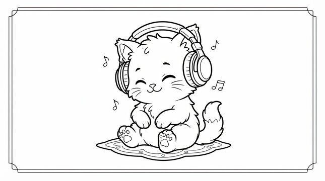Cute cartoon cat wearing big headphones listening to music line art
