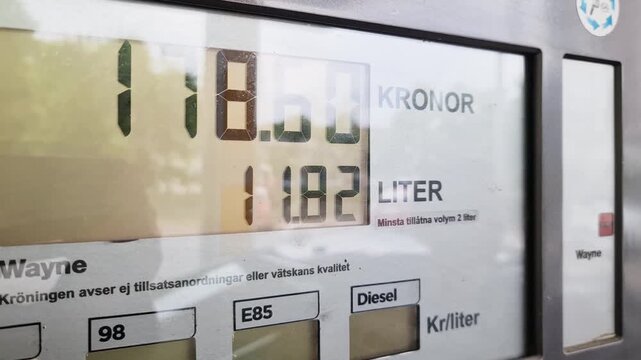 Gas pump display counting up fuel price in Sweden
