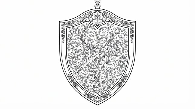 Decorative shield pendant with floral rose carvings and intricate design