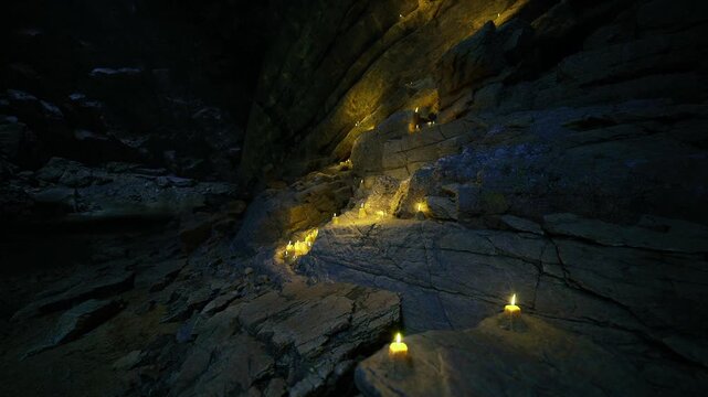 Grotto candles under cool moonlight ceiling, scattered embers create depth along crevasse, shadowed alcoves and quiet mystery, tactile rock grain