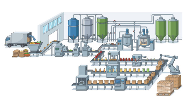 Complete Automated Food Manufacturing Facility with Processing Machinery Conveyor Packaging Lines Storage Silos Tanks and Industrial Robot