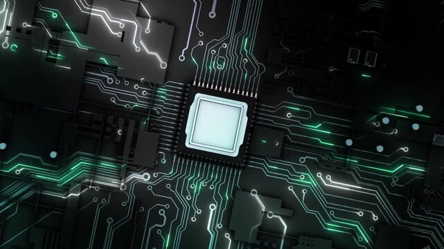 Glowing processor on an advanced circuit board represents artificial intelligence and computing power.