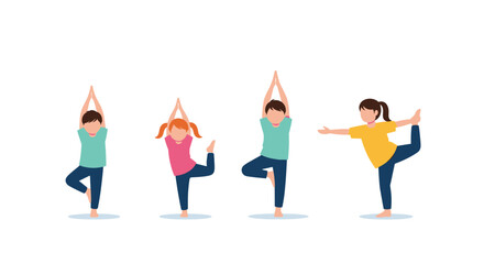 Fototapeta premium Group of children practicing different yoga poses such as the tree pose and balancing exercises for health and wellness in a flat vector.