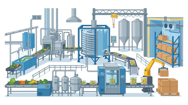 Frozen Food Production Factory with Automated Conveyor Freezing Packaging Machinery Cold Storage and Robotic Handling System