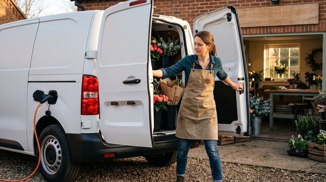 Florist closes electric van doors outside her workshop at day's end