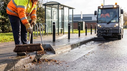 Fototapeta premium Crew member clears curb debris ahead of a compact street sweeper