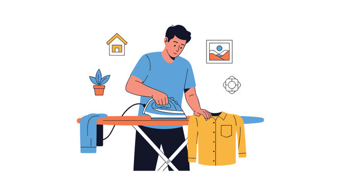 Man diligently ironing a yellow button-down shirt on an ironing board in a room decorated with simple icons of home life and houseplants.