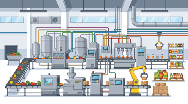 Modern Automated Food Processing Factory with Conveyor Belt Packaging Machinery Vegetables Storage Tanks and Robotic Production Line Isolated on White Background