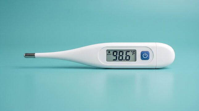 Digital thermometer displaying normal body temperature of ninety eight point six degrees.