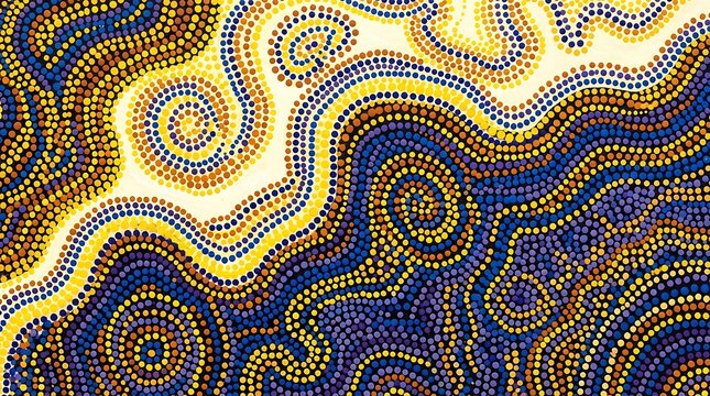 Vibrant aboriginal dot painting with intricate patterns and swirling lines