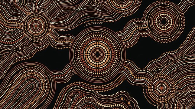 Abstract aboriginal dot painting with earthy tones on a black background
